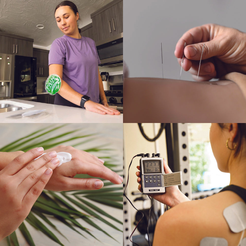 A collage of a woman with a cold pack, needles, pain cream, and a tens unit