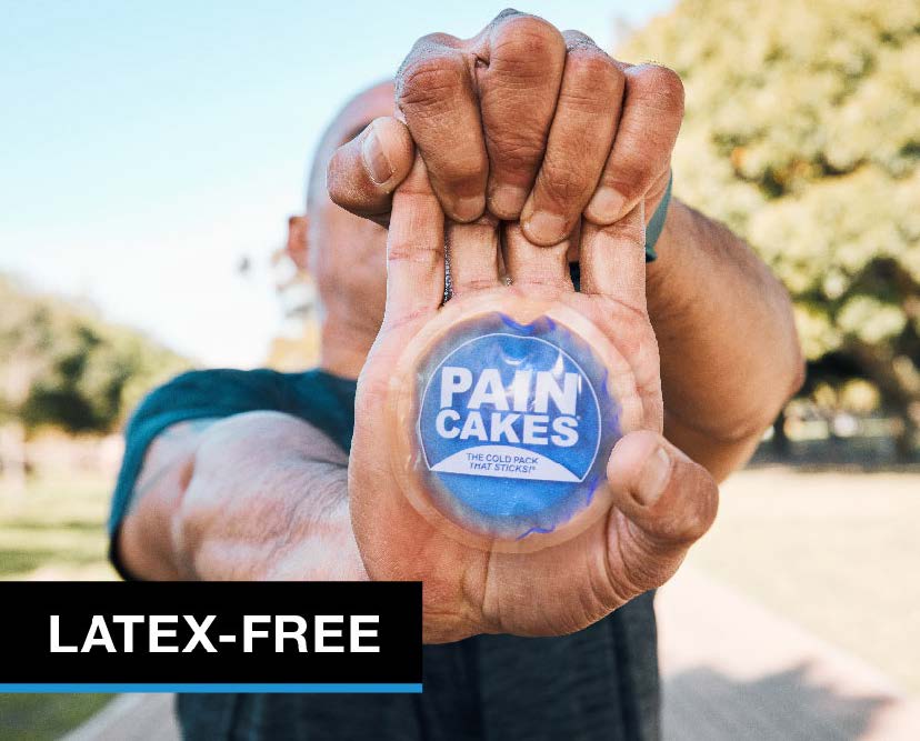 Close up of a man's hand while he stretches. A PainCake mini cold pack on his hand. Text, "LATEX-FREE"