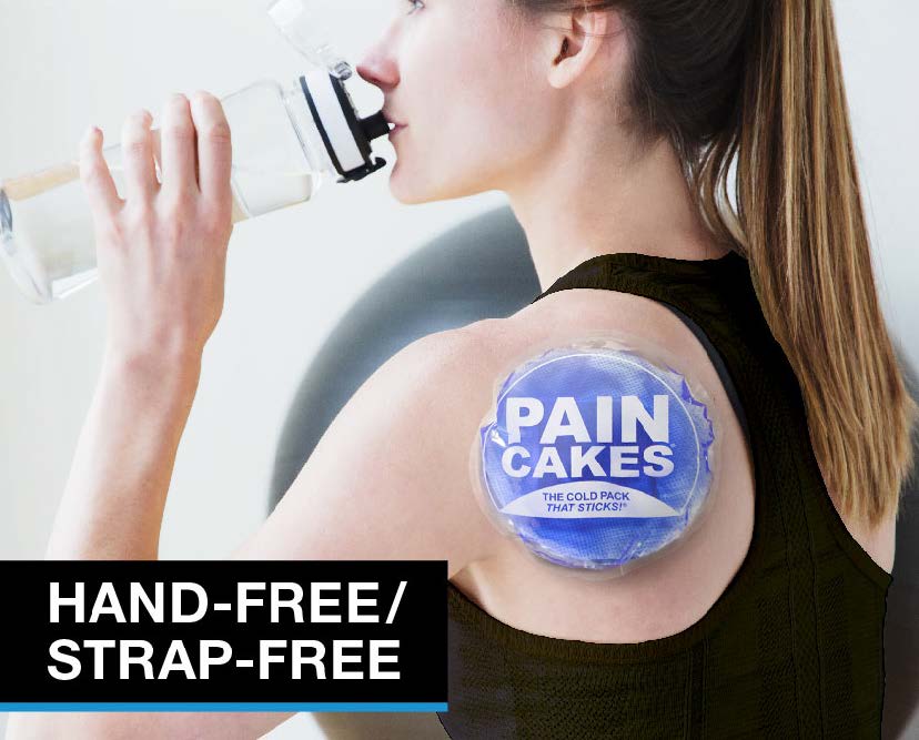 Woman drinking water with a 5" PainCake cold pack on her shoulder. Text, "HAND-FREE/STRAP-FREE"