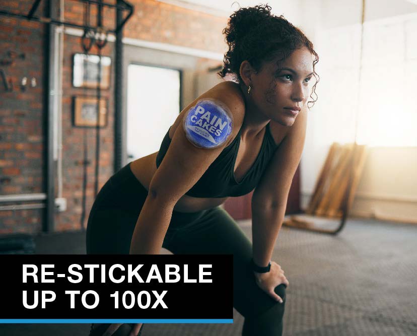 A woman bent over in a gym, recovering from a workout with a 5" large PainCake cold pack on her shoulder. Text, "RE-STICKABLE UP TO 100X"